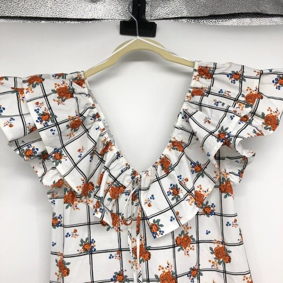 Zara white floral Blogger favourite plaid ruffle collar sleeveless midi dress M - Picture 7 of 16